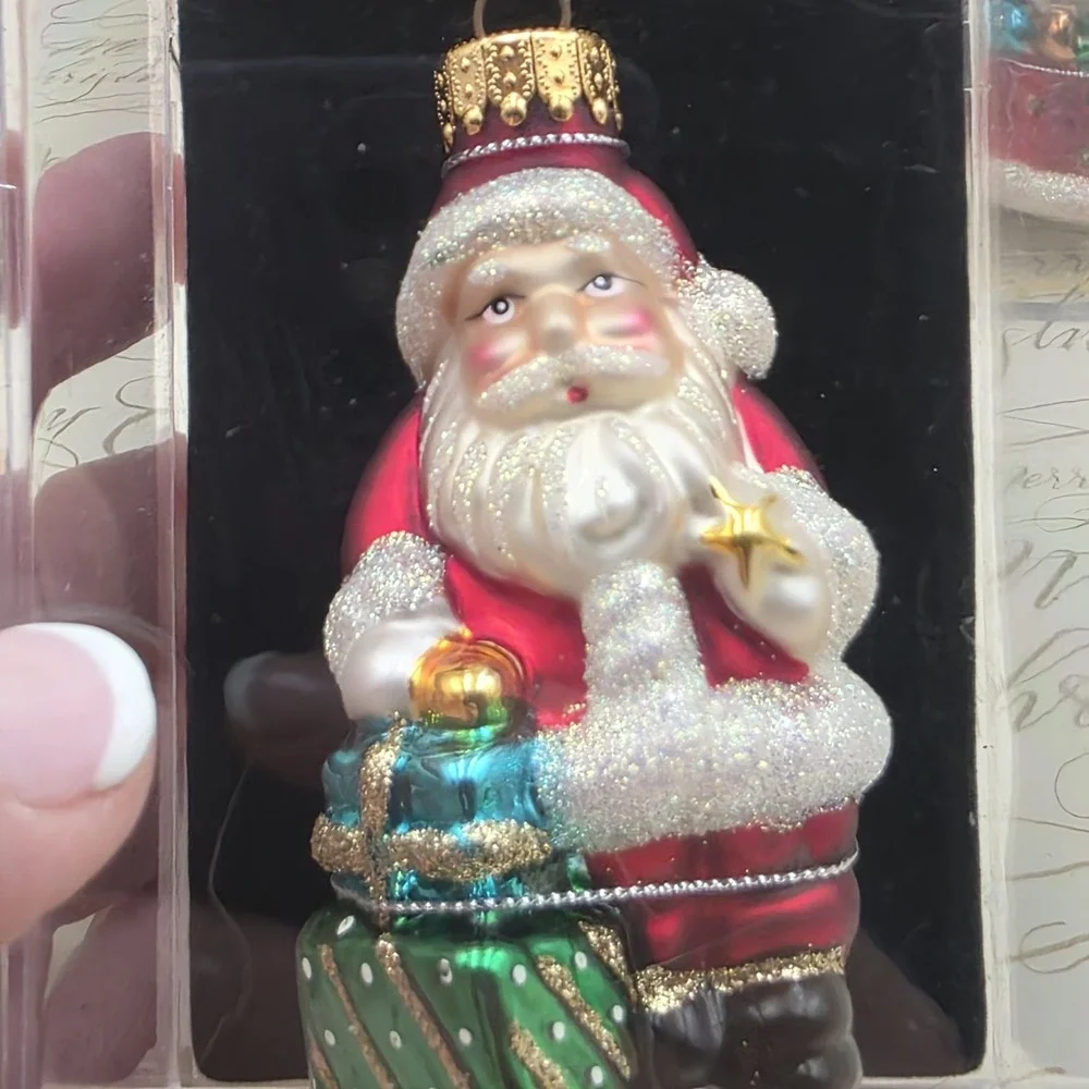3 Unique Treasures Santa Ornaments Blown Glass Gifts Sleigh Toys Vintage NIB NOS
